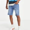Only & Sons Slim Fit Tapered Denim Shorts With Rips In Light Blue For Men Blue Denim