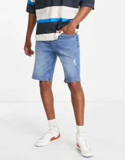 Only & Sons Slim Fit Tapered Denim Shorts With Rips In Light Blue For Men Blue Denim