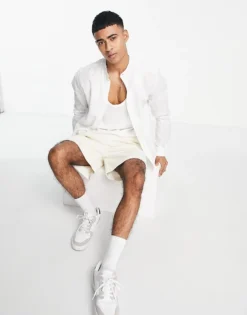 ONLY & SONS Linen Mix Grandad Collar Shirt In White For Men -Modern Clothing Shop 202614093 3