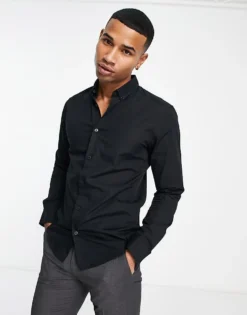 ONLY & SONS Slim Fit Stretch Poplin Shirt In Black For Men