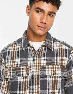 ONLY & SONS Flannel Overshirt In Grey Check For Men Grey Pinstripe -Modern Clothing Shop 203322079 3