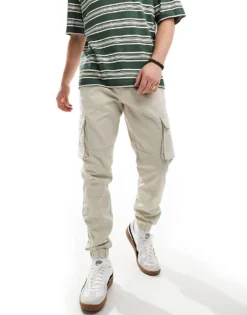 Only & Sons Tapered Fit Cargo Trousers With Cuffed Bottom In Sand For Men Silver Lining