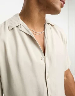 ONLY & SONS Short Sleeve Viscose Shirt With Revere Collar In Beige For Men Silver Lining -Modern Clothing Shop 203793373 3