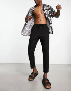 ONLY & SONS Linen Mix Cropped Trouser In Black For Men -Modern Clothing Shop 204401832 4