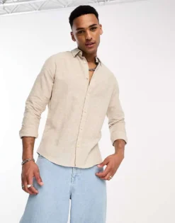 ONLY & SONS Linen Mix Long Sleeve Shirt In Beige For Men Chinchilla -Modern Clothing Shop 204401993 1 chinchilla 1