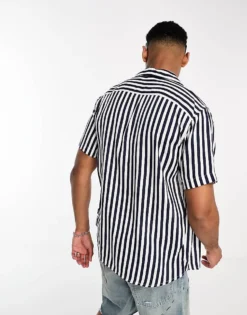 ONLY & SONS Revere Collar Stripe Shirt In Navy For Men Dress Blues -Modern Clothing Shop 204402082 4