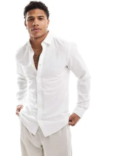 ONLY & SONS Linen Mix Long Sleeve Slim Fit Shirt In White For Men