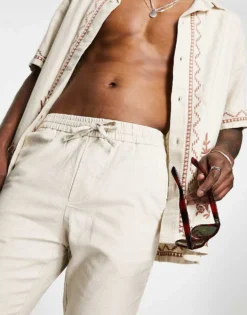 ONLY & SONS Linen Mix Cropped Trouser In Beige For Men Silver Lining -Modern Clothing Shop 204402185 4