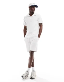 Only & Sons Ribbed Polo & Short Co-ord In White