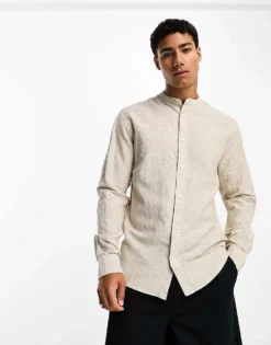 ONLY & SONS Linen Mix Grandad Collar Shirt In Beige For Men Chinchilla -Modern Clothing Shop 204729873 1 chinchilla 1
