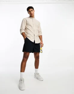 ONLY & SONS Linen Mix Grandad Collar Shirt In Beige For Men Chinchilla -Modern Clothing Shop 204729873 3