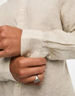 ONLY & SONS Linen Mix Grandad Collar Shirt In Beige For Men Chinchilla -Modern Clothing Shop 204729873 4