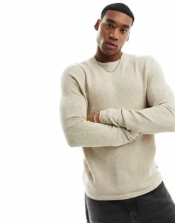 ONLY & SONS Crew Neck Textured Knit Jumper In Beige For Men Silver Lining