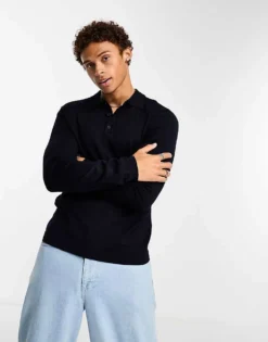 ONLY & SONS Knitted Long Sleeve Polo In Navy For Men Dark Navy