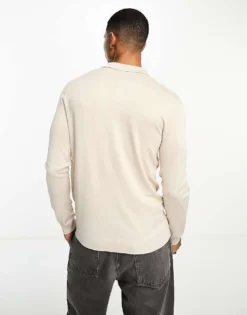 ONLY & SONS Knitted Long Sleeve Polo In Beige For Men Silver Lining -Modern Clothing Shop 204800345 3