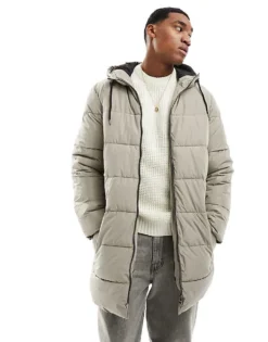 ONLY & SONS Longline Hood Puffer Jacket In Beige For Men Vintage Khaki -Modern Clothing Shop 204957527 1 vintagekhaki 1