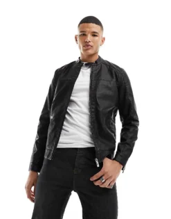 ONLY & SONS Faux Leather Racer Jacket In Black For Men