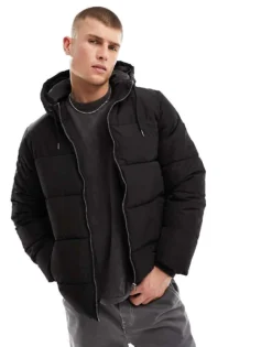 ONLY & SONS Heavyweight Hooded Puffer Jacket In Black For Men