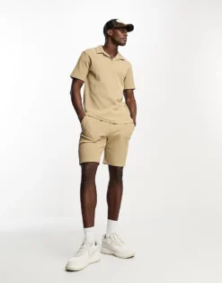 Only & Sons Ribbed Polo & Short Co-ord In Beige