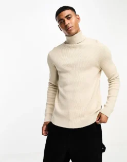ONLY & SONS Roll Neck Ribbed Jumper In Beige For Men Silver Lining