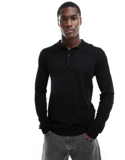 ONLY & SONS Knitted Long Sleeve Polo In Black For Men -Modern Clothing Shop 205782345 1 black 1