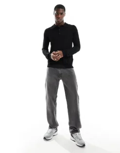 ONLY & SONS Knitted Long Sleeve Polo In Black For Men -Modern Clothing Shop 205782345 4