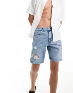 ONLY & SONS Loose Fit Denim Short With Abrasions In Light Wash Blue For Men Light Blue Denim -Modern Clothing Shop 205789245 5