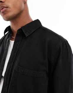 ONLY & SONS Button Through Denim Shirt In Black For Men Washed Black -Modern Clothing Shop 205789938 3