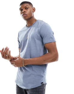 ONLY & SONS Raw Edge Longline Curve Hem T-shirt In Blue For Men Flint Stone