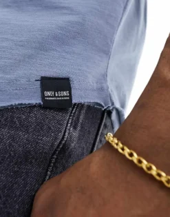 ONLY & SONS Raw Edge Longline Curve Hem T-shirt In Blue For Men Flint Stone -Modern Clothing Shop 205815844 3