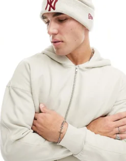 ONLY & SONS Heavyweight Zip Through Hoodie In Stone For Men Silver Lining -Modern Clothing Shop 205815860 3