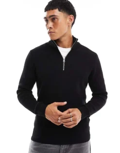 ONLY & SONS Ribbed Half Zip Jumper In Black For Men