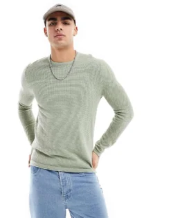 ONLY & SONS Crew Neck Textured Knit Jumper In Sage Green For Men Sea Grass