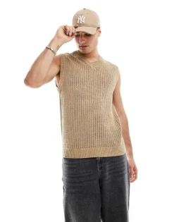 ONLY & SONS V Neck Open Knit Vest In Beige For Men Chinchilla