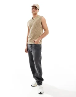 ONLY & SONS V Neck Open Knit Vest In Beige For Men Chinchilla -Modern Clothing Shop 205832169 3