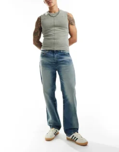 ONLY & SONS Fade Loose Fit Jeans In Bleached Mid Wash Blue For Men Bleached Denim