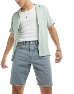 ONLY & SONS Edge Straight Fit Denim Shorts In Light Blue With Pink Rinse For Men Rosette