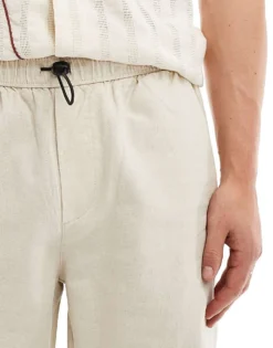 ONLY & SONS Linen Mix Baggy Trouser With Toggles In Stone For Men Silver Lining -Modern Clothing Shop 205953879 5