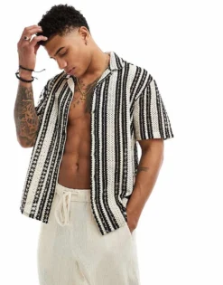 ONLY & SONS Crochet Shirt In Beige With Black Stripe For Men Cloud Dancer Black