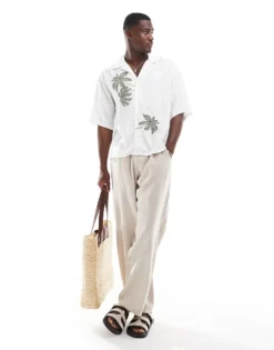 ONLY & SONS Revere Collar Shirt With Palm Print In Off White For Men Cloud Dancer