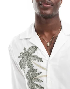 ONLY & SONS Revere Collar Shirt With Palm Print In Off White For Men Cloud Dancer -Modern Clothing Shop 205999624 4