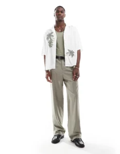 ONLY & SONS Revere Collar Shirt With Palm Print In Off White For Men Cloud Dancer -Modern Clothing Shop 205999624 5