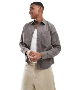 ONLY & SONS Long Sleeve Shirt With Frayed Detail In Charcoal For Men Dark Gull Grey -Modern Clothing Shop 205999708 1 darkgullgrey 1