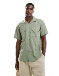 ONLY & SONS Revere Collar Linen Shirt With Pocket Detail In Khaki For Men Swamp -Modern Clothing Shop 206000438 1 swamp 1