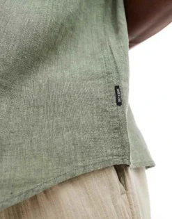 ONLY & SONS Revere Collar Linen Shirt With Pocket Detail In Khaki For Men Swamp -Modern Clothing Shop 206000438 4