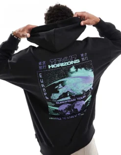 ONLY & SONS Oversized Hoodie With Horizons Back Print In Black For Men