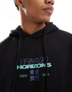 ONLY & SONS Oversized Hoodie With Horizons Back Print In Black For Men -Modern Clothing Shop 206007467 4