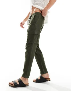 ONLY & SONS Linen Mix Tapered Fit Cargo In Khaki For Men Olive Night -Modern Clothing Shop 206051358 4