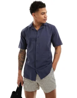 ONLY & SONS Linen Mix Revere Collar Shirt In Navy For Men Night Sky