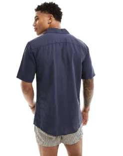 ONLY & SONS Linen Mix Revere Collar Shirt In Navy For Men Night Sky -Modern Clothing Shop 206051366 3